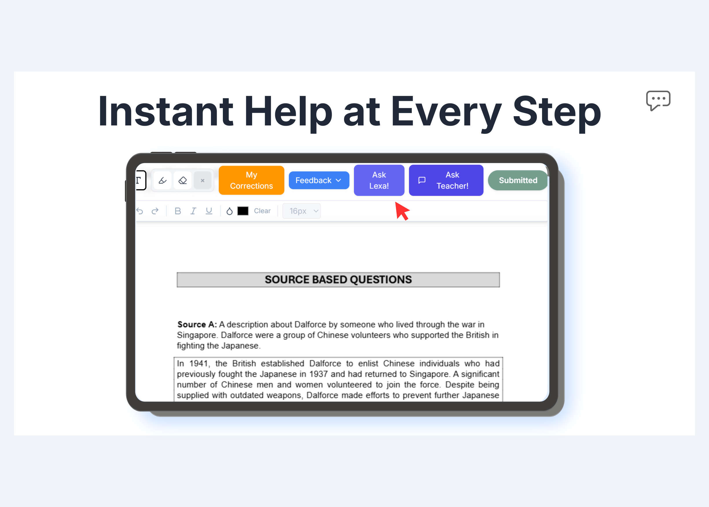 Student using Ask Lexa assistant for help